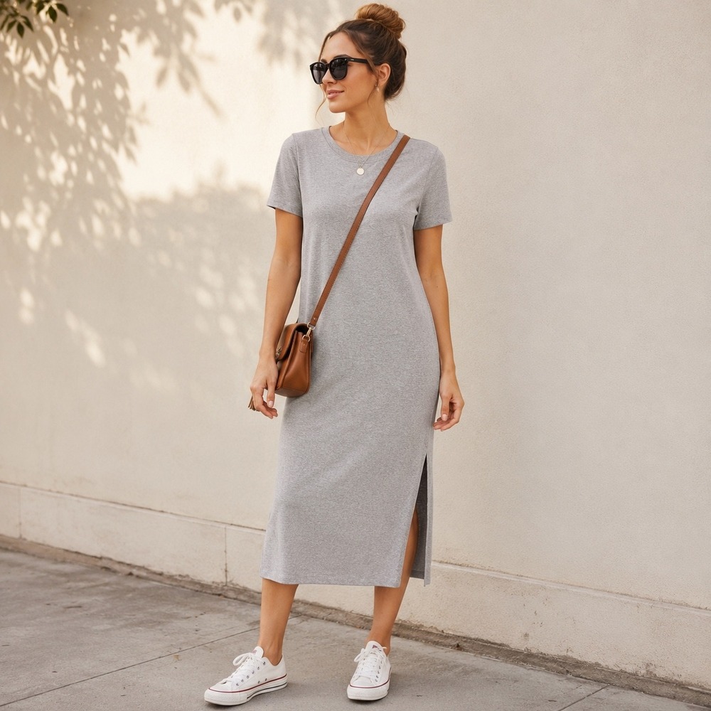 Outerknown Neptune Tee Shirt Maxi Dress Women Gray L Gray Hemp Tencel Side Slit